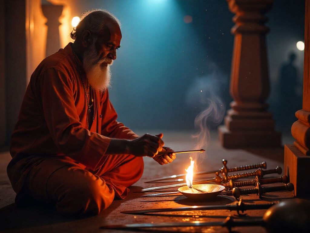 દસેરા શસ્ત્ર પૂજન કરી રહેલા પૂજારી