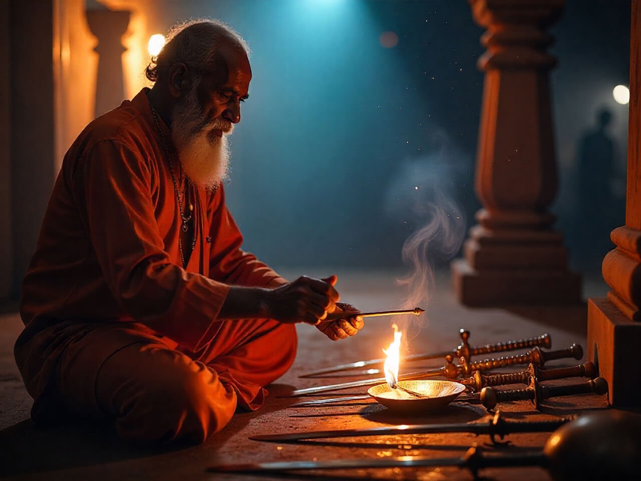 દસેરા શસ્ત્ર પૂજન કરી રહેલા પૂજારી